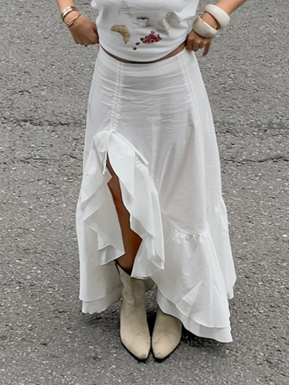 Forever 21 Soft White Cotton Asymmetric High Waist Ruffle Skirt